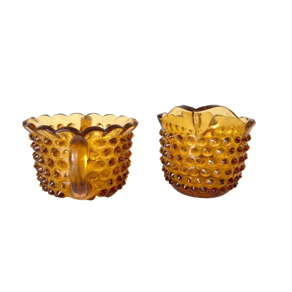 70s LE Smith Hobnail Yellow Gold Glass Sugar and Creamer Set Scalloped - Picture 4 of 11